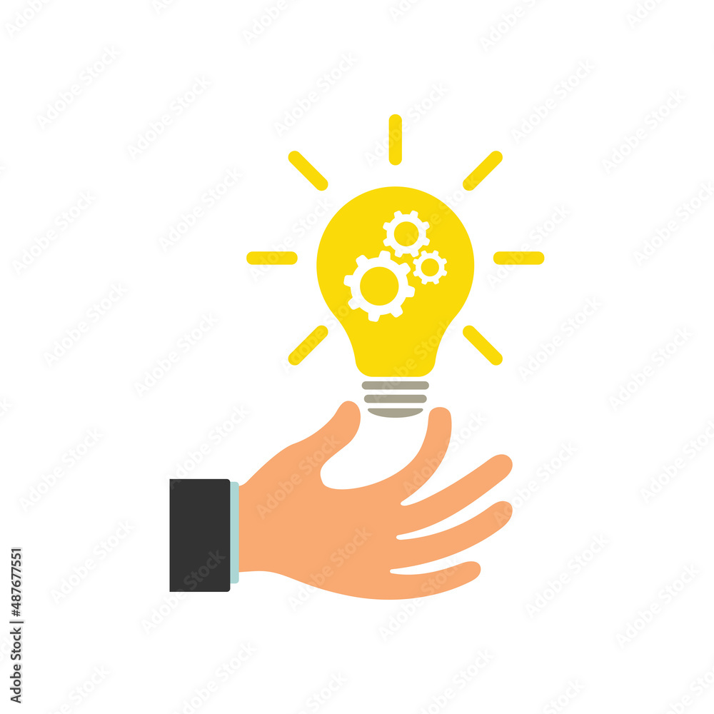 Glowing light bulb in a businessman's hand. Hand with a light bulb. An innovative lamp and cogwheel. Illustration. Glowing light bulb in a businessman's hand. Hand with a light bulb. An innovative lamp and cogwheel. Illustration.