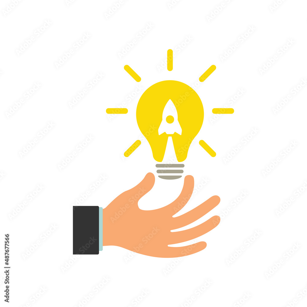Glowing light bulb in a businessman's hand. Lamp and rocket. Light bulb and airplane symbol. Illustration. Glowing light bulb in a businessman's hand. Lamp and rocket. Light bulb and airplane symbol. Illustration.