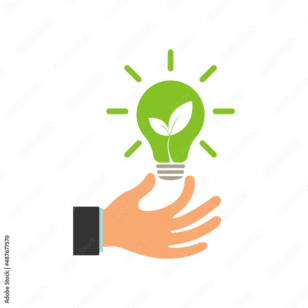 Glowing light bulb in a businessman's hand. Hand with a green leaf of nature energy lamp light. Illustration. Glowing light bulb in a businessman's hand. Hand with a green leaf of nature energy lamp light. Illustration.