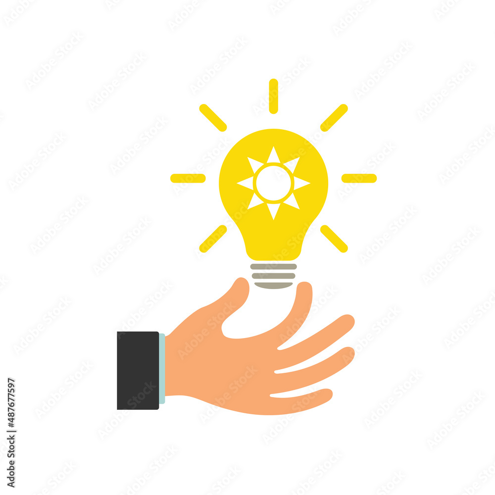 Glowing light bulb in a businessman's hand. Hand with a light bulb with the sun. Solar energy. Illustration. Glowing light bulb in a businessman's hand. Hand with a light bulb with the sun. Solar energy. Illustration.