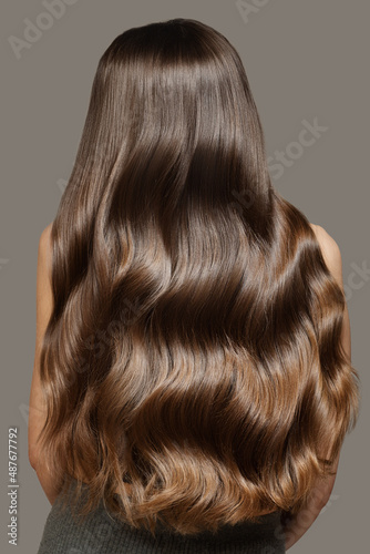 Portrait of a beautiful young brunette with long wavy hair. Back view.