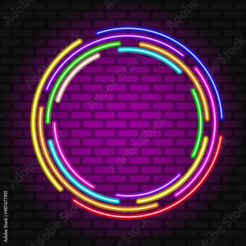 Neon pink round frame on wall background. Glowing portal. Vector illustration.