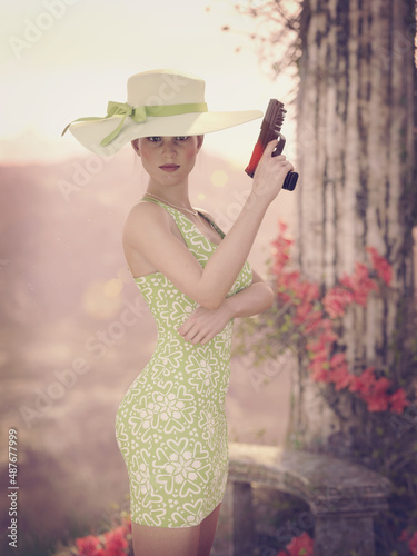 A 3d digital render of a woman wearing a summer dress and hat  holding a gun in a garden.