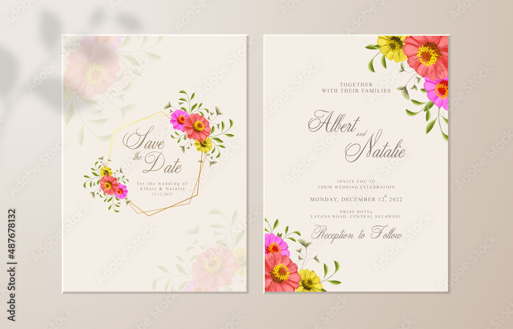 Double sided wedding invitation template with sunflower