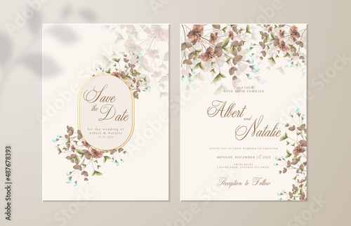 Double sided wedding invitaton template with red flower