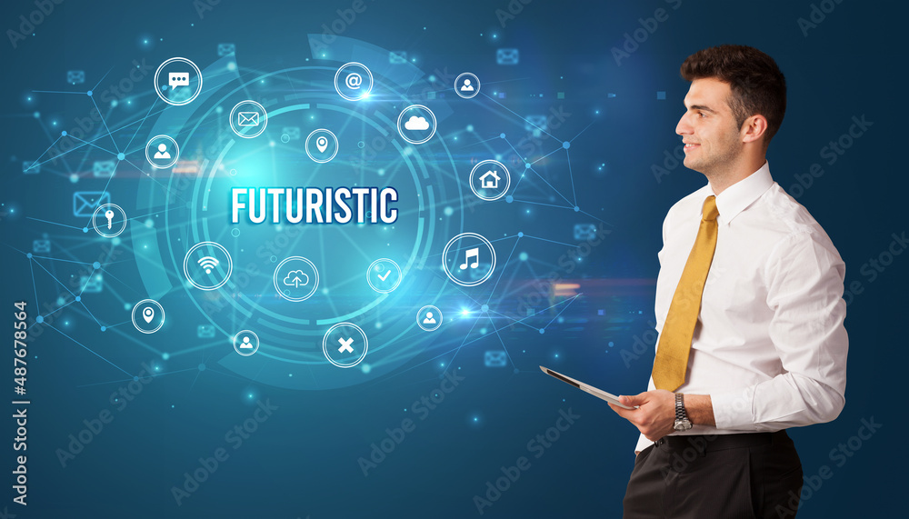 Businessman thinking about modern technology Businessman thinking about modern technology