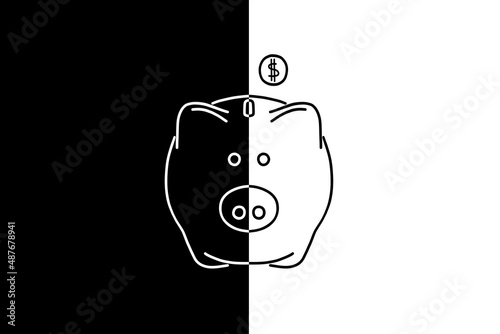 drawn piggy bank on black and white background