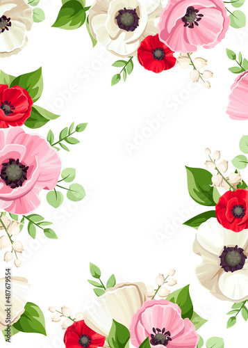 Vector card with red, pink, and white poppy and lily of the valley flowers and green leaves. Greeting or invitation card design