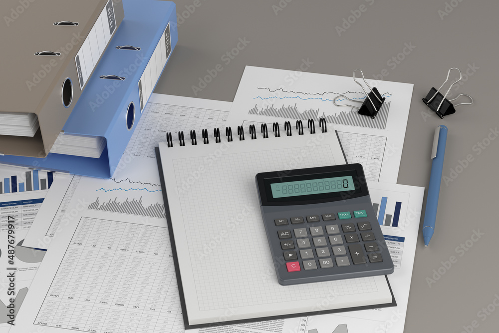 Accounting desk concept, 3d illustration - obrazy, fototapety, plakaty 