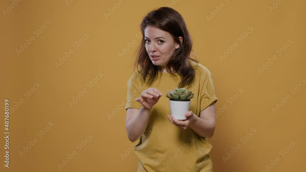 Portrait of woman talking about gardening hobby and how to take care of succulent house plant in studio. Young person explaining and giving advice about potted decoration with green leaves. Portrait of woman talking about gardening hobby and how to take care of succulent house plant in studio. Young person explaining and giving advice about potted decoration with green leaves.