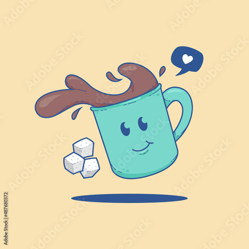 Cute spilling coffee mug vector cartoon illustration