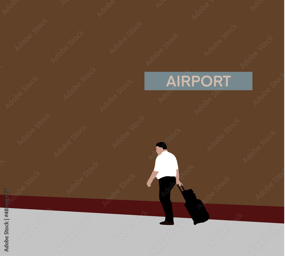 Pilot costume with luggage walking at the airport terminal. Pilot, capitan Vector illustration cartoon character Pilot costume with luggage walking at the airport terminal. Pilot, capitan Vector illustration cartoon character
