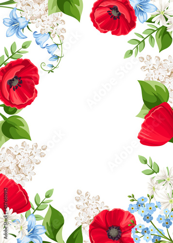 Card with red, white, and blue poppy, bluebell, forget-me-not, and lilac flowers. Vector greeting or invitation card design