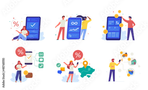 People use gadgets. set of icons  illustration. Smartphones tablets user interface online shopping.Flat illustration Icons infographics. Landing page site print poster.