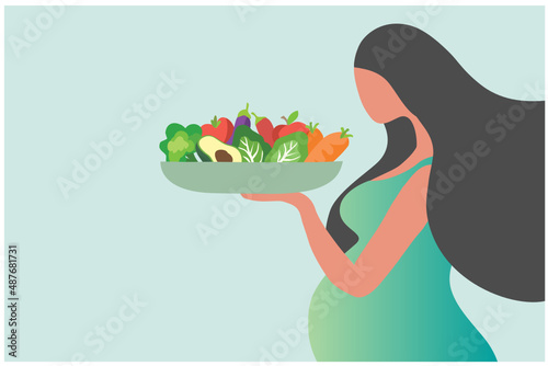 Pregnant woman eating healthy food vector illustration. Mother care concept

