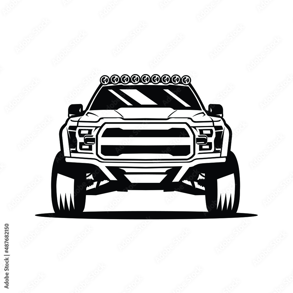 Monochrome overland pickup truck front view vector isolated - obrazy, fototapety, plakaty 