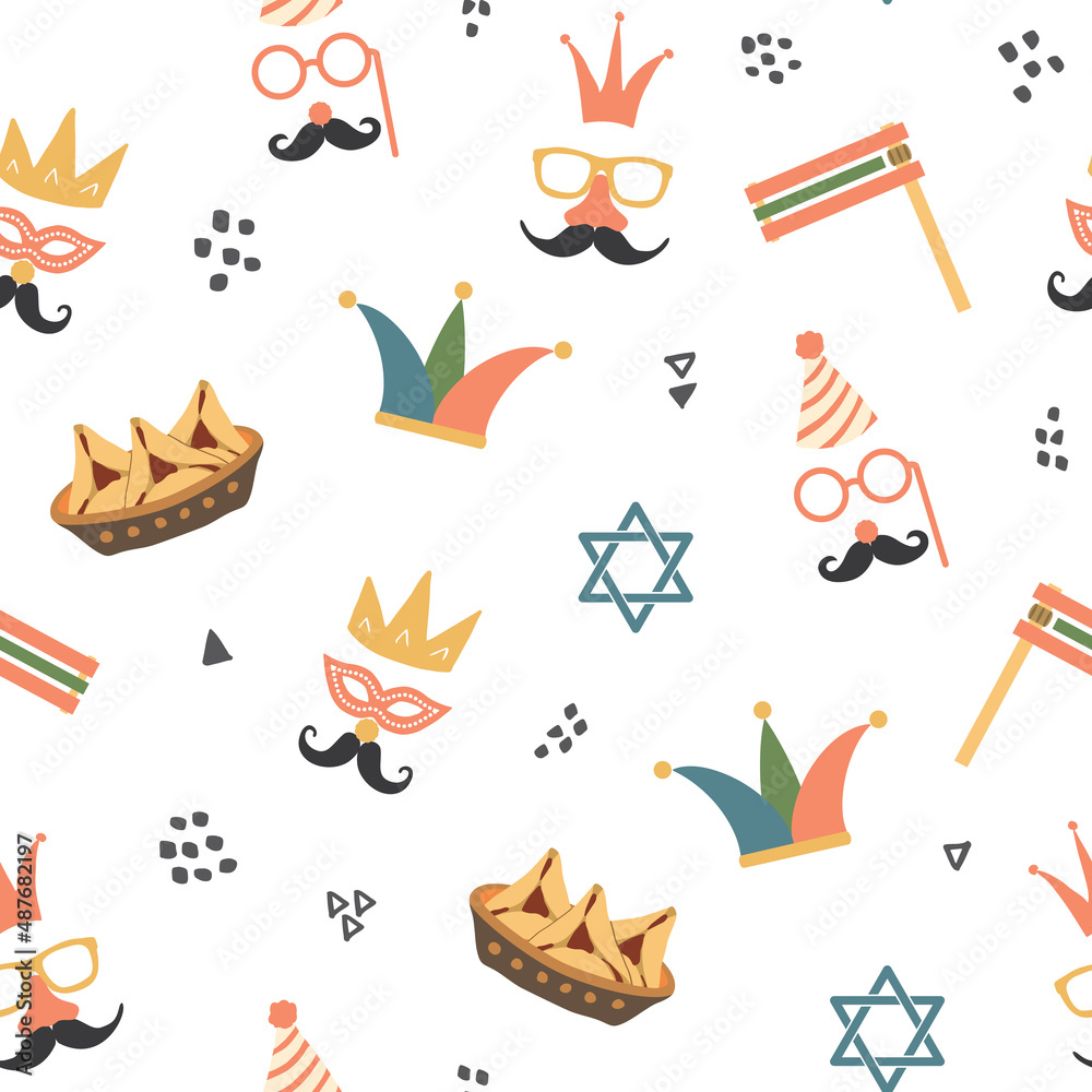Purim seamless pattern. Traditional Jewish holiday background. vector illustration Purim seamless pattern. Traditional Jewish holiday background. vector illustration