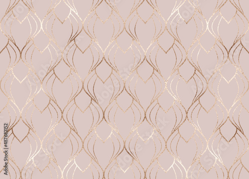 Art deco seamless pattern with gold decorative bud flowers shapes.
