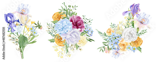 Watercolor floral bouquet illustration with purple pink blue yellow white flowers, wild flowers, green leaves, foliage, branches for wedding stationery, greeting card, baby shower, banner, logo design