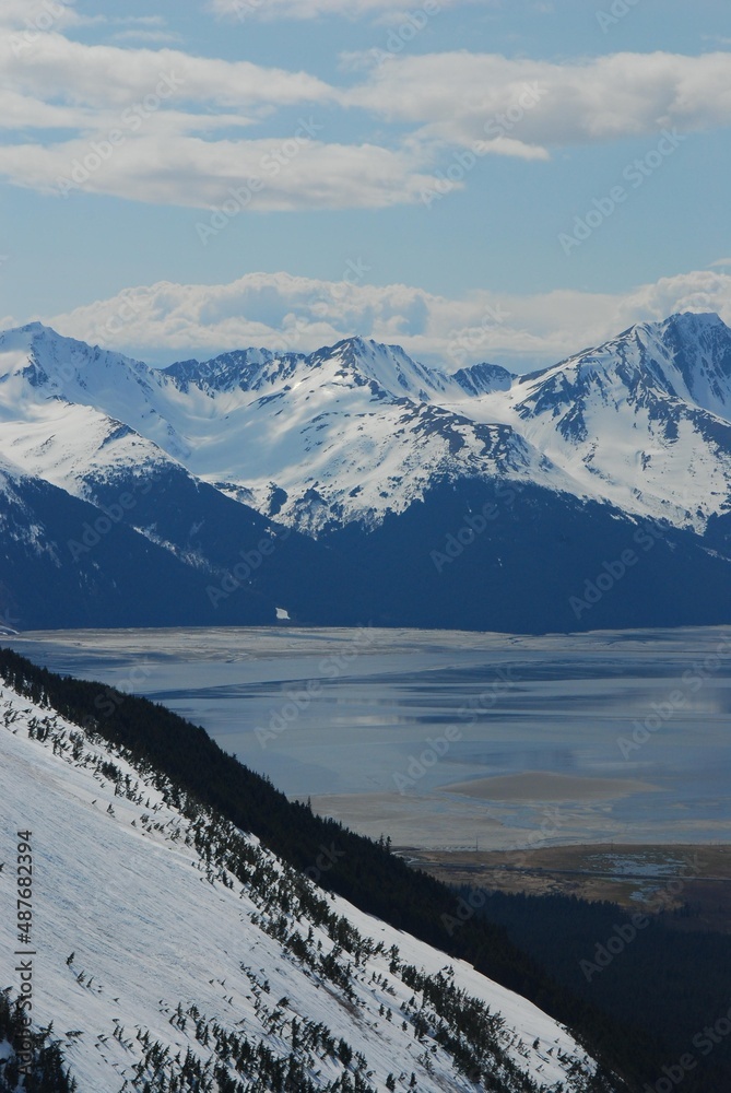 Obraz premium snow covered mountains near water and lake