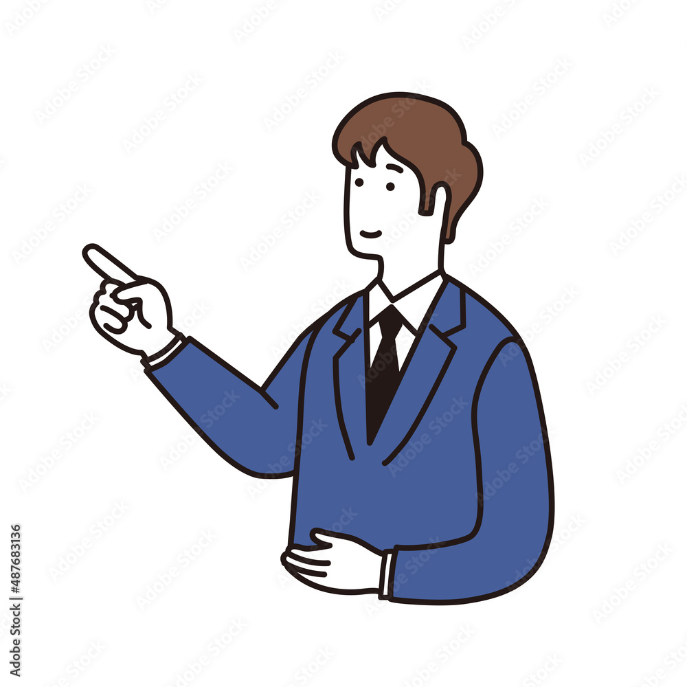 指差しをするスーツ姿のシンプルな男性のイラスト 指差しをするスーツ姿のシンプルな男性のイラスト