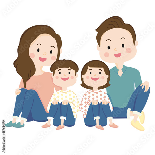 4人家族集合,座る,ポーズ,兄妹,家族,笑顔,子育て素材