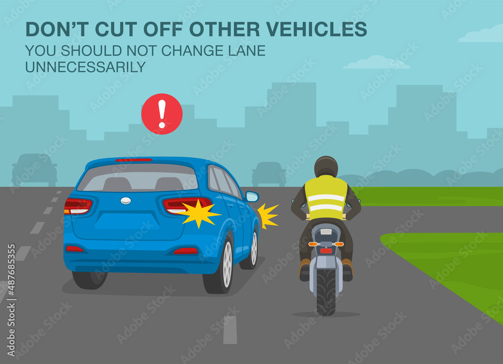 Safety driving tips and rule. Signal before making a turn and don't cut off other vehicles warning. Traffic or road rules. Back view of a suv car and bike rider. Flat vector illustration template. Safety driving tips and rule. Signal before making a turn and don't cut off other vehicles warning. Traffic or road rules. Back view of a suv car and bike rider. Flat vector illustration template.