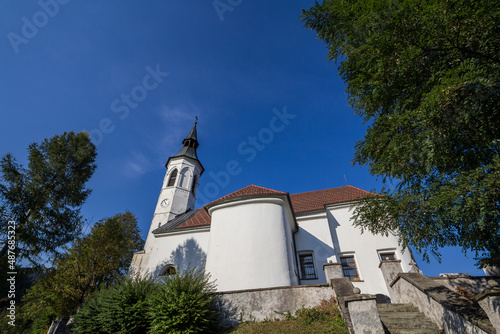 Cerkev Matere Bozje church, the church of our lady, a typical small catholic chapel of central europe, in the afternoon in Ljubno ob savinji, in Slovenia..... photo