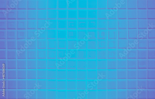 Neon glowing blank on blue tiled wall. Trendy classic color. Luminescent illuminated design wallpaper texture decoration. Modern seamless pattern empty for backdrop advertising banner poster or web.
