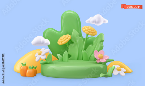 Fototapeta Naklejka Na Ścianę i Meble -  Spring decoration. 3d render vector objects. Green grass, chamomile, dandelion cartoon illustration