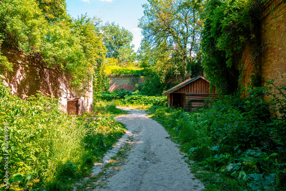 Empty walking path through ruins of old fortification fort on sunny day, Footpath surrounded by green plants in old fortress Empty walking path through ruins of old fortification fort on sunny day, Footpath surrounded by green plants in old fortress