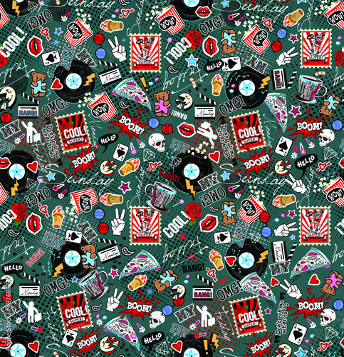 Seamless Pattern with Colorful Objects. Vinyl record, glasses, popcorn, pizza, ice cream, sign, stickers, lips, teddy © Warxar