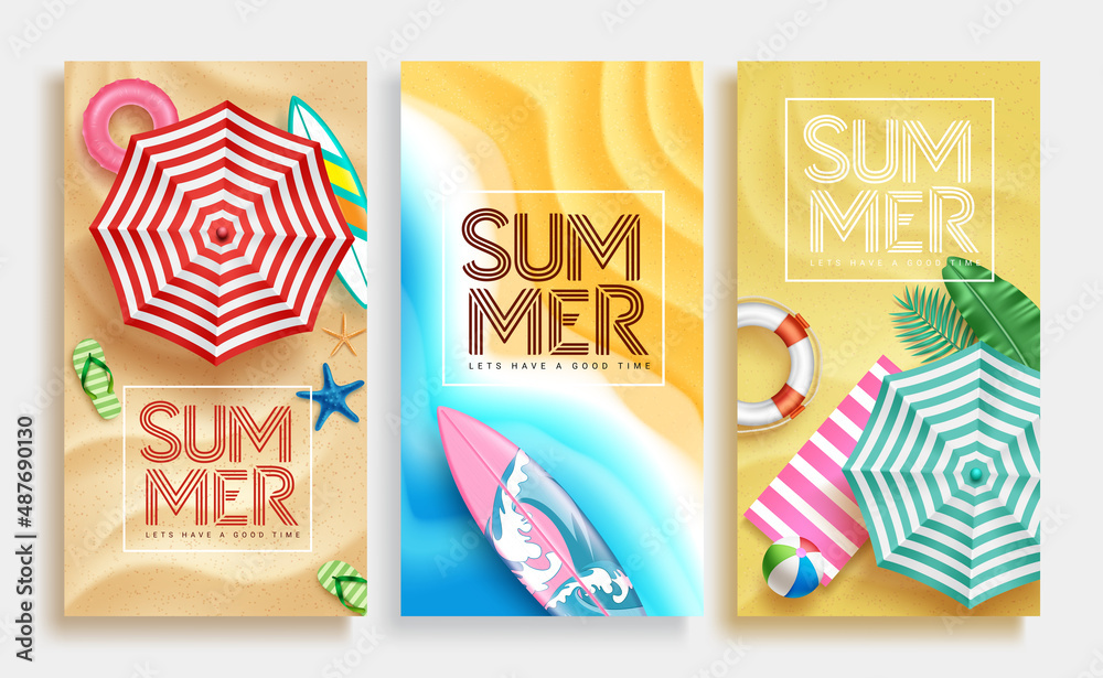 Summer vector poster set design. Summer text in sand beach background with tropical season elements for relax holiday outdoor collection. Vector illustration.
