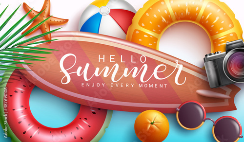 Summer vector concept design. Hello summer text in surfboard with tropical elements of floaters, fruit and camera for fun and enjoy holiday vacation. Vector illustration.
