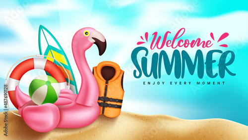 Summer season vector design. Welcome summer greeting text with flamingo and tropical objects in sand and skies background for outdoor holiday vacation. Vector illustration.
