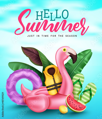 Summer holiday vector design. Hello summer greeting text with flamingo floater, leaves and life vest elements in skies background for tropical season. Vector illustration.
