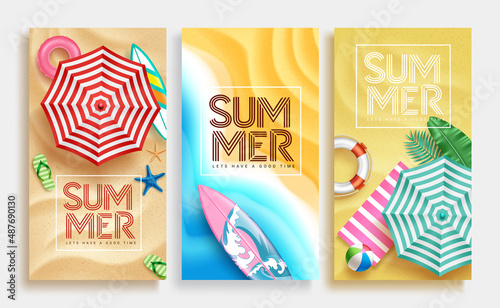 Summer vector poster set design. Summer text in sand beach background with tropical season elements for relax holiday outdoor collection. Vector illustration. 