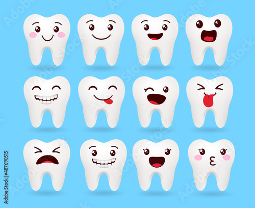 Emoji tooth vector set design. Emojis teeth emoticon with cute kawaii and funny facial expression for dental emoticons character face expressions. Vector illustration.
