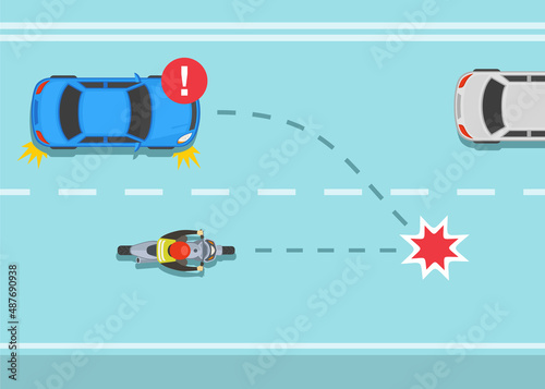 Safety car driving and bike riding rules. Don't cut off other vehicles warning. Dangerous right turn in front of a motorcycle on the city road. Flat vector illustration template.