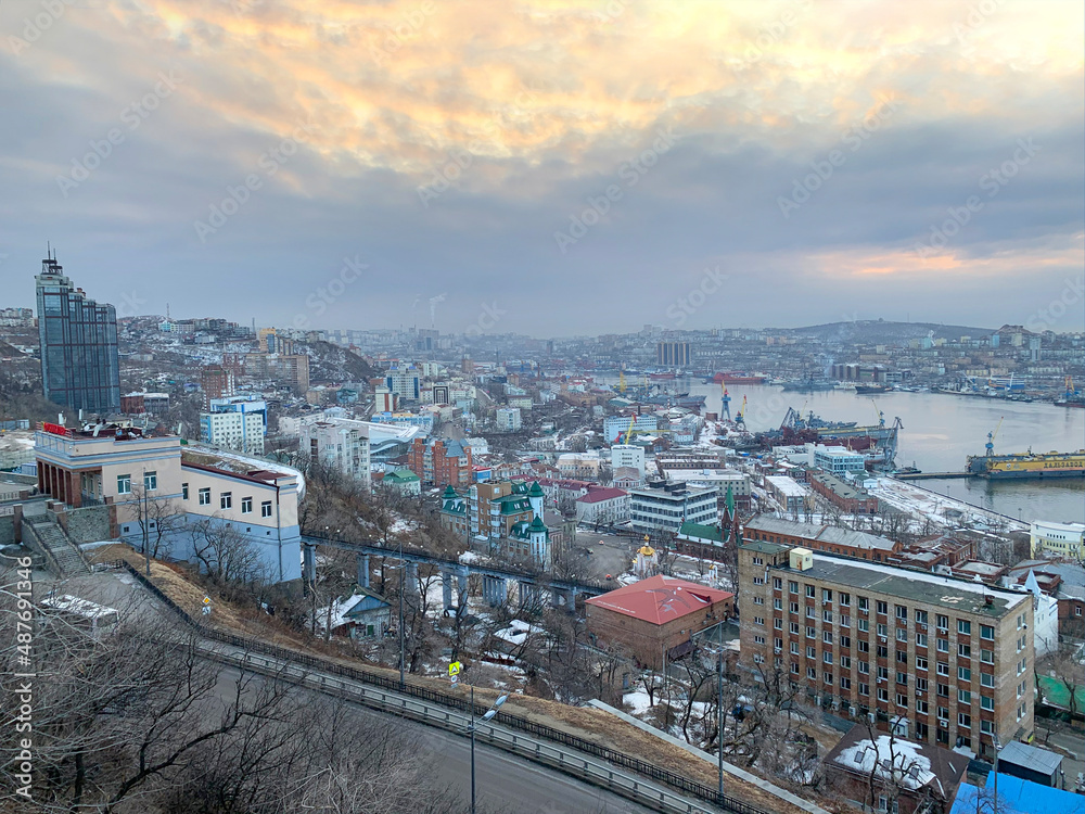 Vladivostok in winter morning in sunny weather. Russia