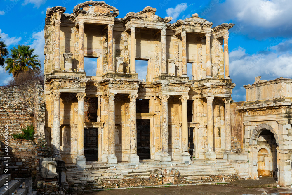 Celsus library in antique Ephesus on sunny day, Selchuk, Turkey