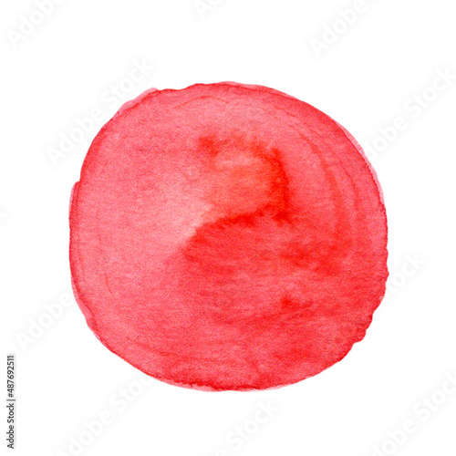 Red watercolor stain. Hand drawn illustration isolated on white background. Round pink blob, bright textured brush stroke. Speck of paint, beautiful clipart for decoration, postcard design, web