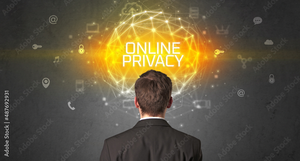 Rear view of a businessman, online security concept Rear view of a businessman, online security concept