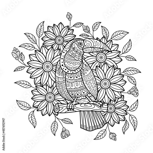 Hand drawn of toucan with flowers in zentangle style