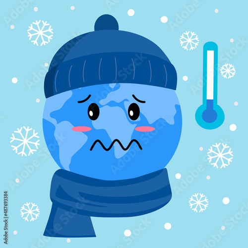 Planet earth wearing hat and scarf in flat design. Cool climate in winter.