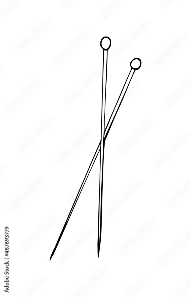 Vector isolated element. Knitting needles. Black hand drawn doodle on a white background. The print is used for packaging design.