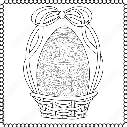 Vector illustration. Coloring Book for children and for adults. Easter. Easter egg with a pattern. An Easter egg in a basket. Antistress freehand sketch drawing. photo