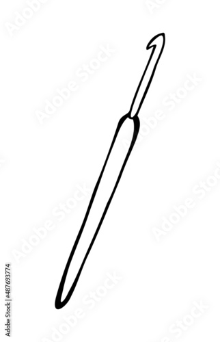Vector isolated element. Knitting hook. Crocheting. Black hand drawn doodle on a white background. The print is used for packaging design.