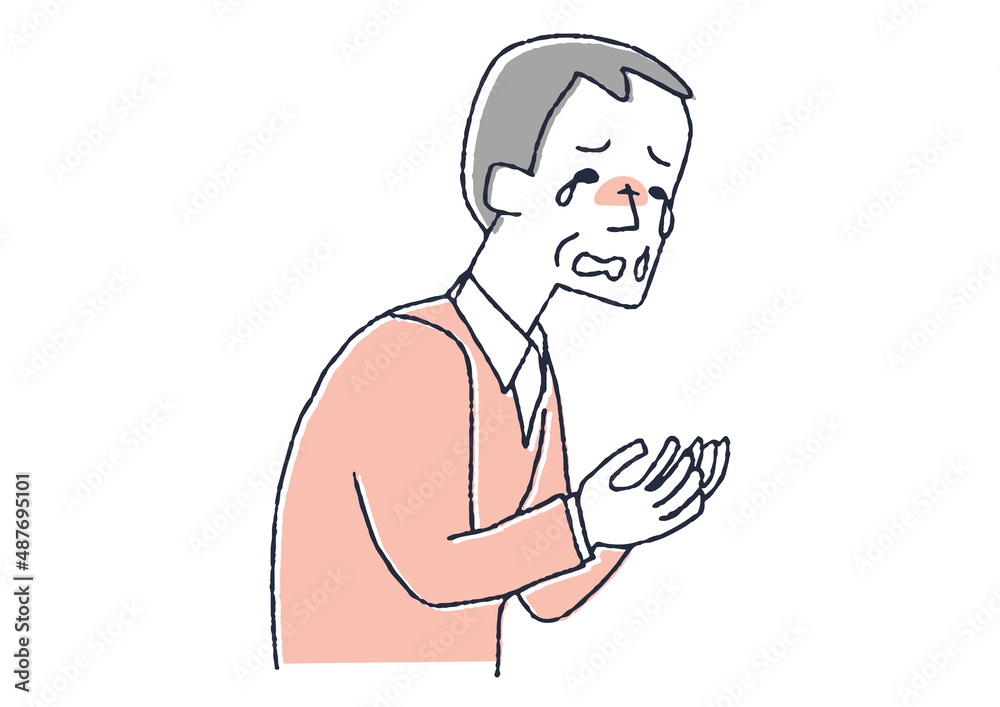 泣いている高齢男性　コミカルな手書きの人物イラスト　ベクター線画にシンプルな色つけ　白バック