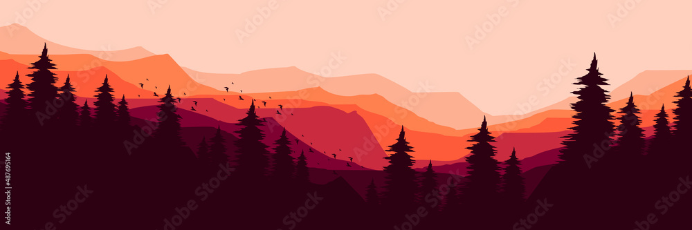 forest with mountain landscape flat design vector illustration good for wallpaper, backdrop, background, web banner, and design template